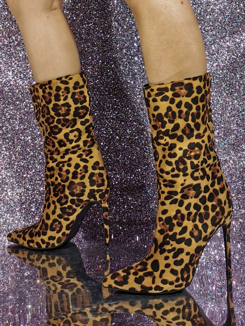 Botas Femininas Camurça Até O Tornozelo Com Bico Fino E Estampa Leopardo Salto Alto - Leopardo