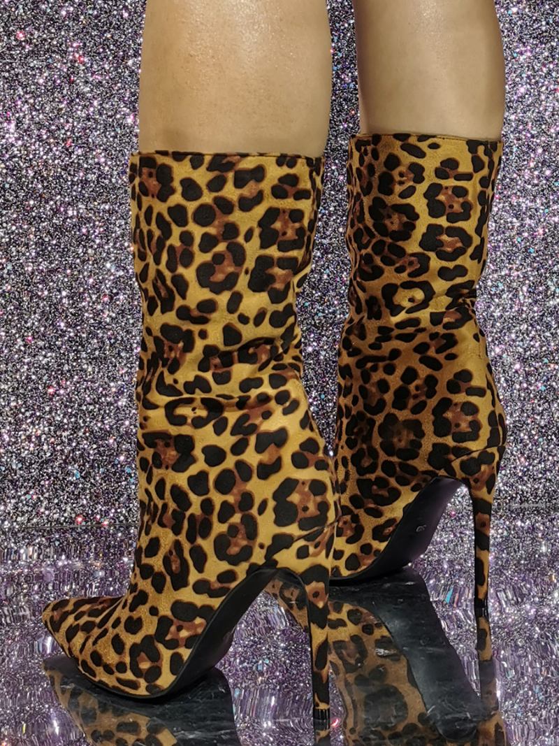 Botas Femininas Camurça Até O Tornozelo Com Bico Fino E Estampa Leopardo Salto Alto - Leopardo