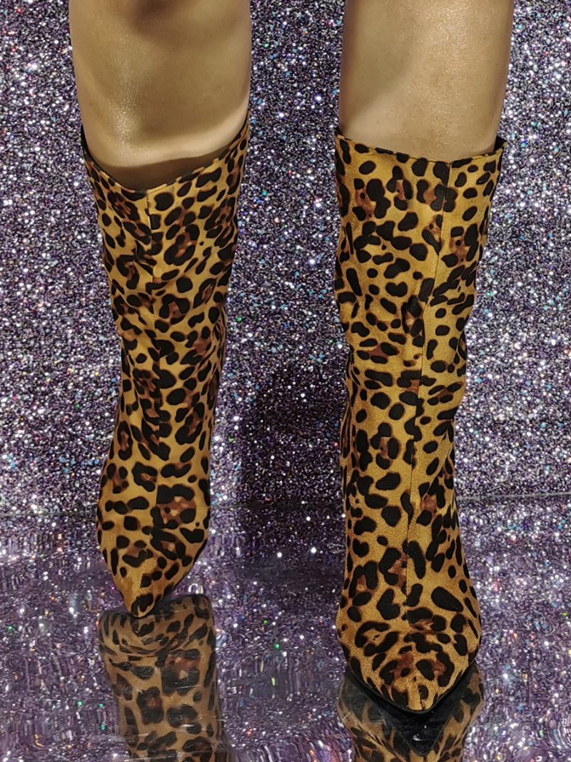 Botas Femininas Camurça Até O Tornozelo Com Bico Fino E Estampa Leopardo Salto Alto - Leopardo