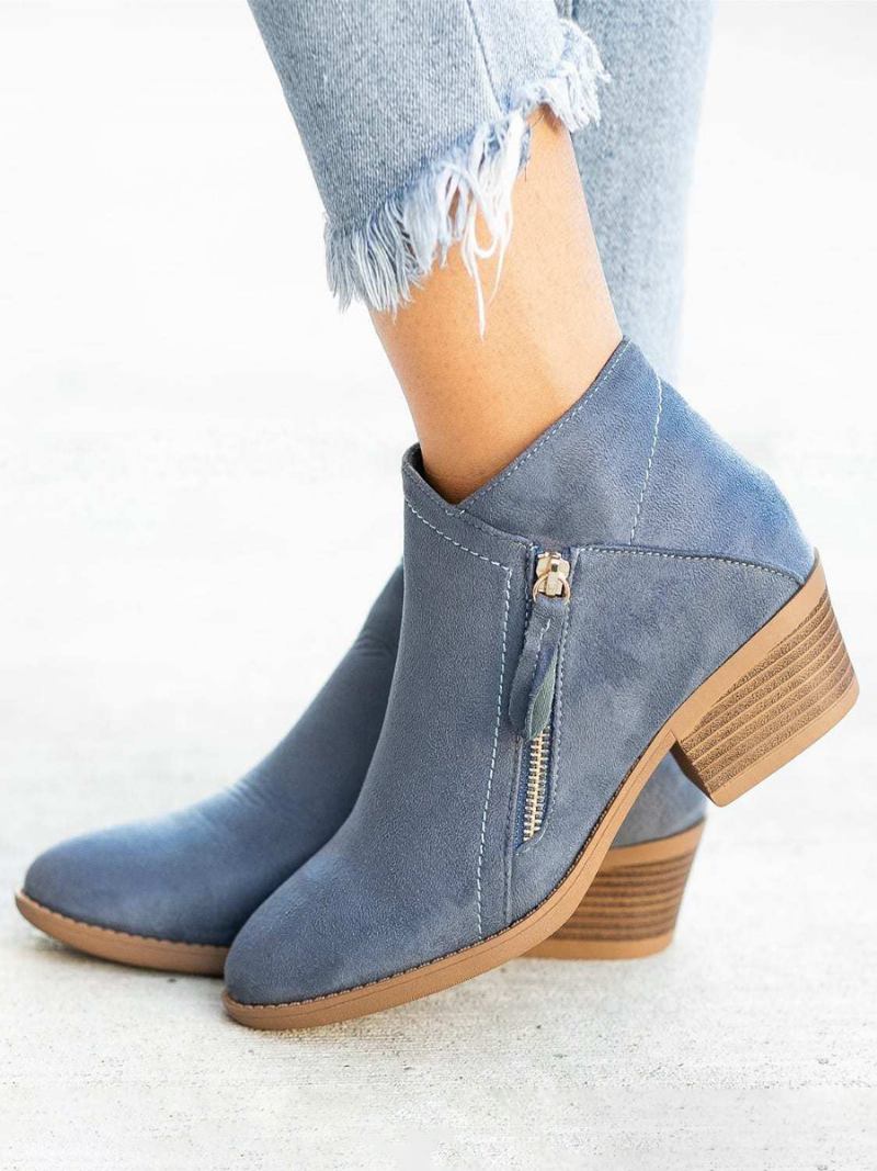 Botas Femininas Camurça Bico Fino Com Zíper E Detalhes -  Azul Celeste Claro 