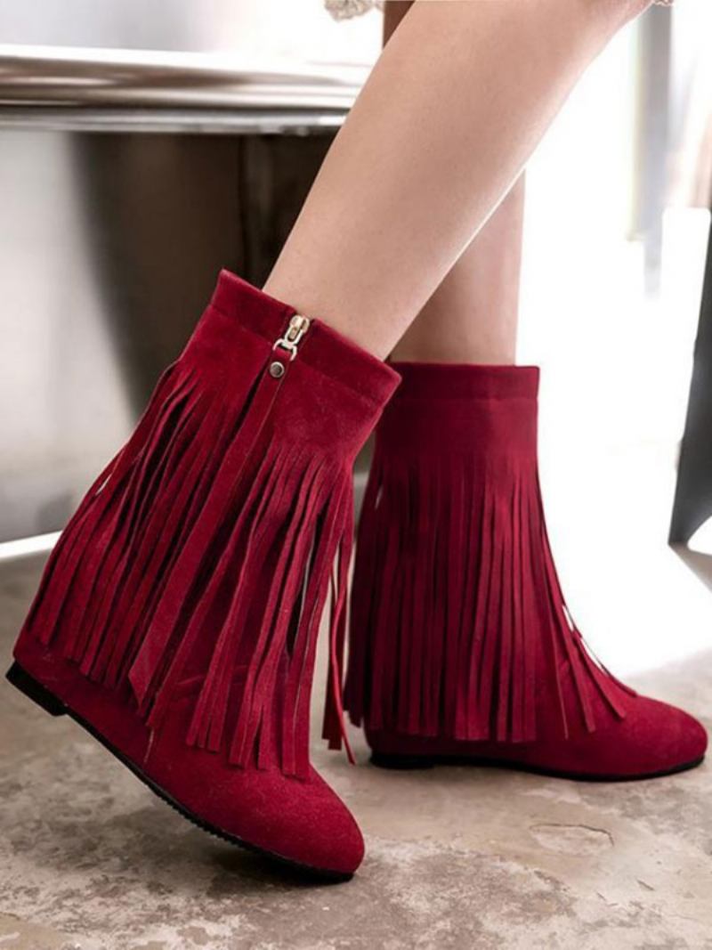 Botas Femininas Camurça Com Bico Fino E Bota Plana - Vermelho