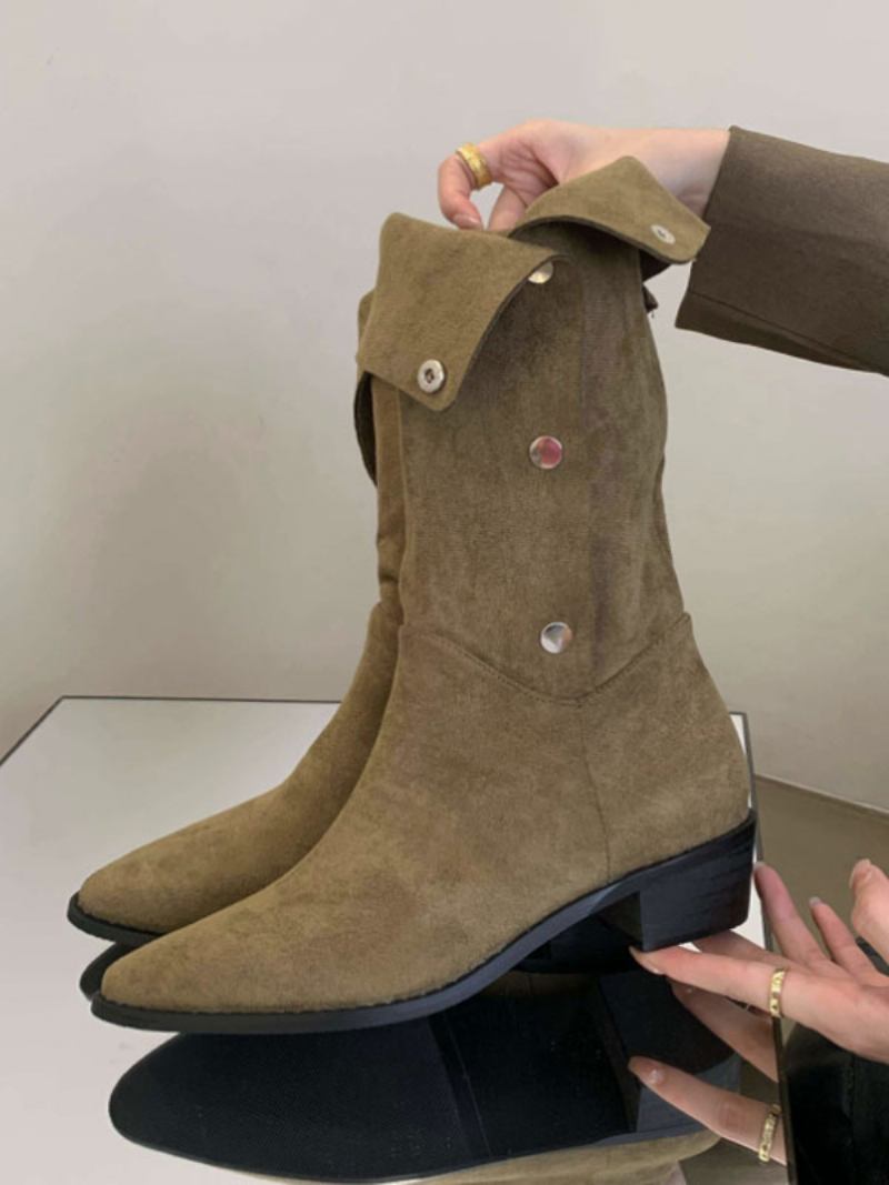 Botas Femininas Camurça Com Bico Fino E Salto Médio Na Panturrilha - Verde Caçador 