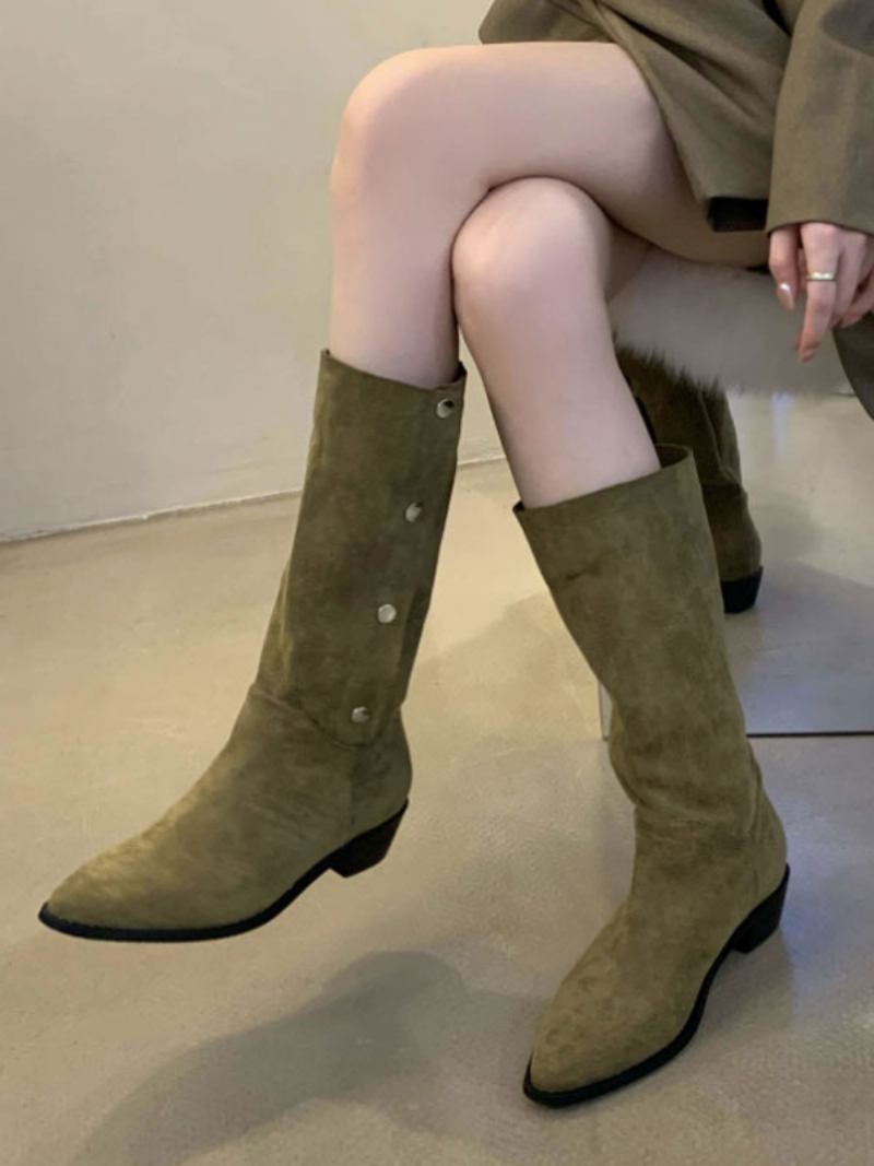 Botas Femininas Camurça Com Bico Fino E Salto Médio Na Panturrilha - Verde Caçador 