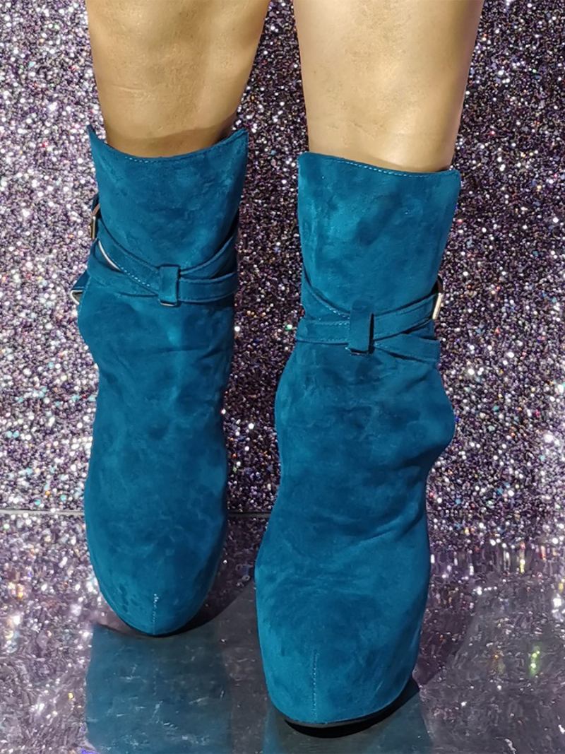 Botas Femininas Camurça Com Bico Redondo E Salto Alto Tiras - Azul Marinho