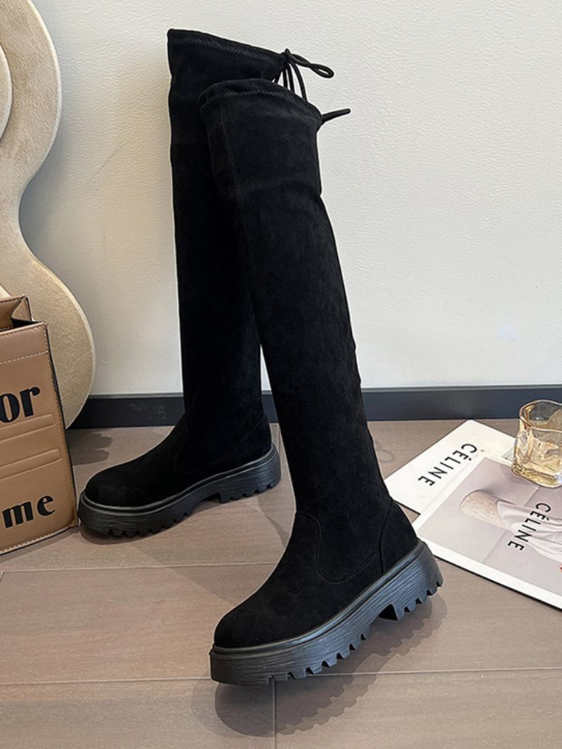 Botas Femininas Camurça E Couro Até O Joelho - Preto