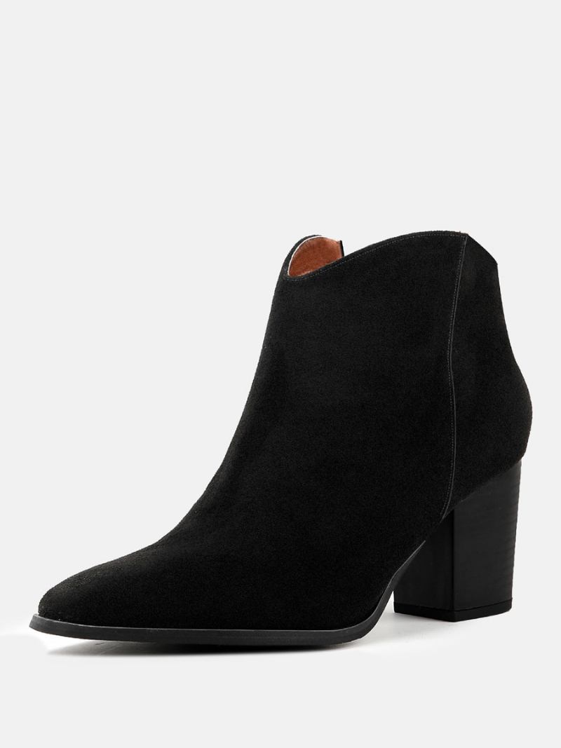 Botas Femininas Camurça E Couro Com Bico Fino Salto Grosso - Preto