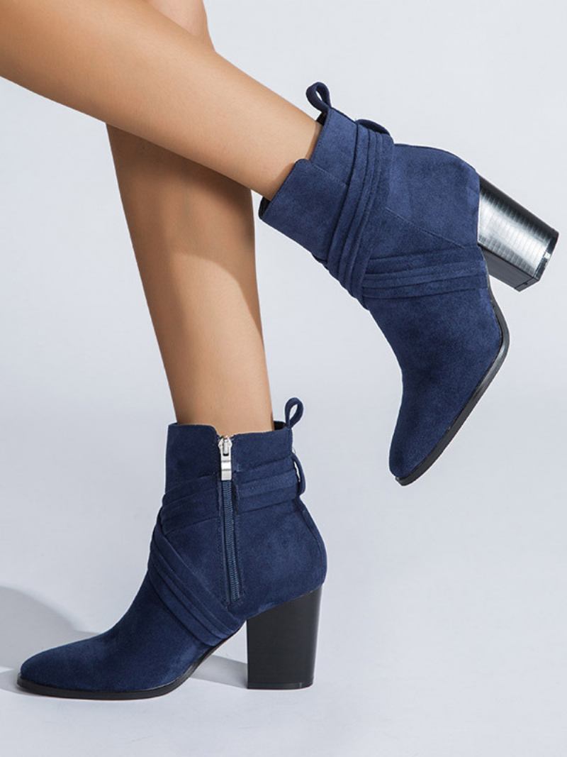 Botas Femininas Camurça E Couro Com Bico Fino Salto Grosso -  Azul Profundo 