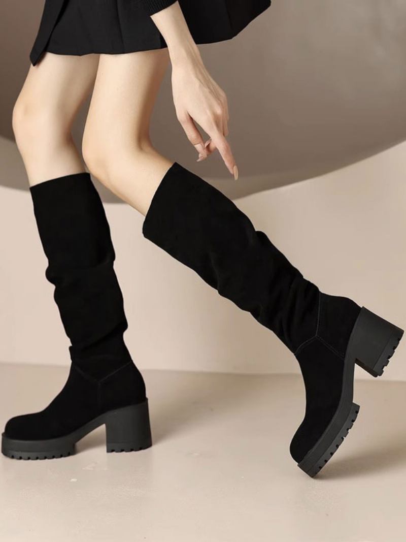 Botas Femininas Camurça E Couro Com Salto Grosso Cano Alto - Preto 