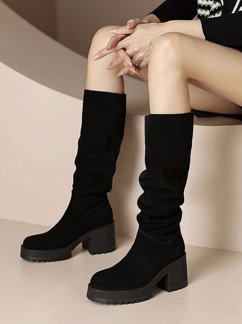 Botas Femininas Camurça E Couro Com Salto Grosso Cano Alto - Preto 