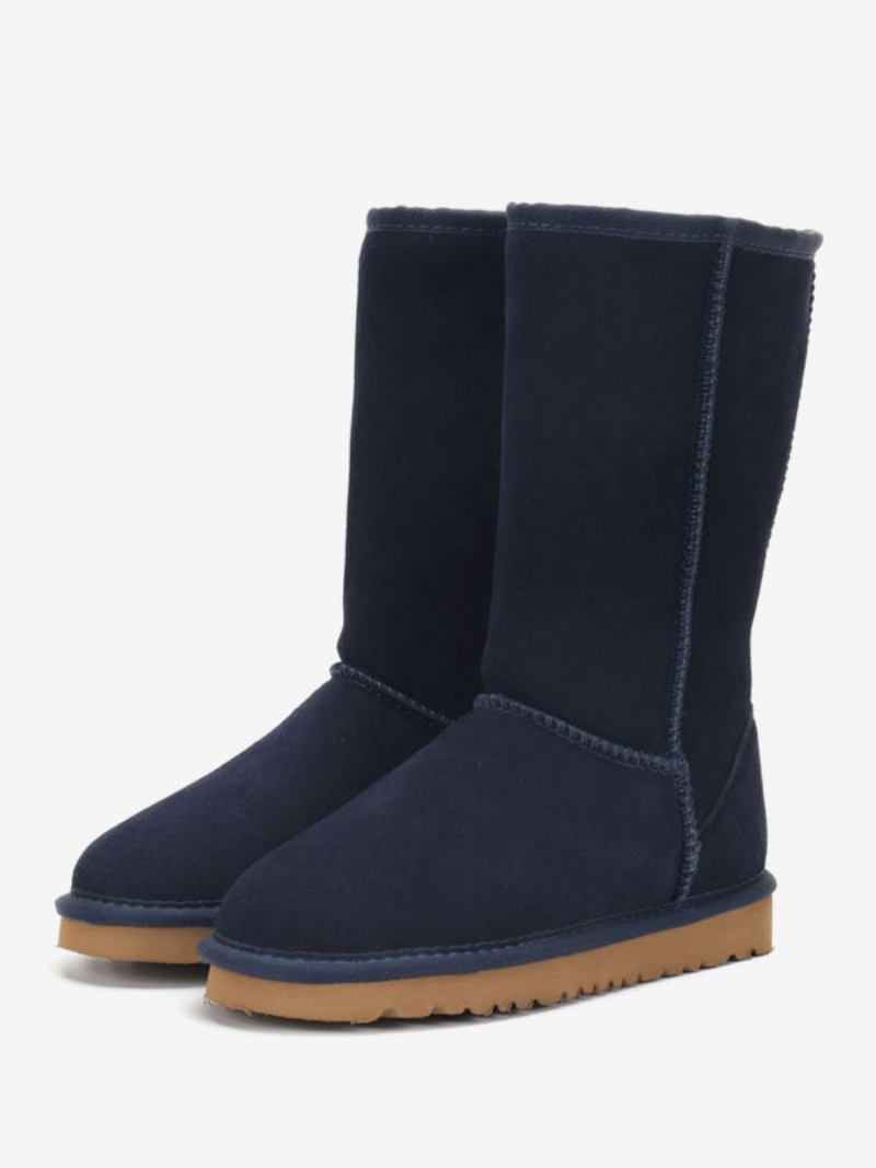 Botas Femininas Camurça Inverno Com Bico Redondo E Cano Médio Para Neve - Marinho Escuro