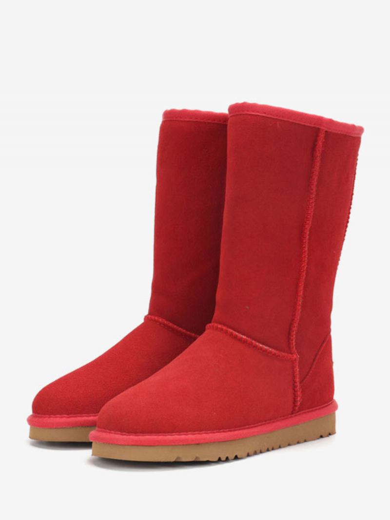 Botas Femininas Camurça Inverno Com Bico Redondo E Cano Médio Para Neve - Vermelho