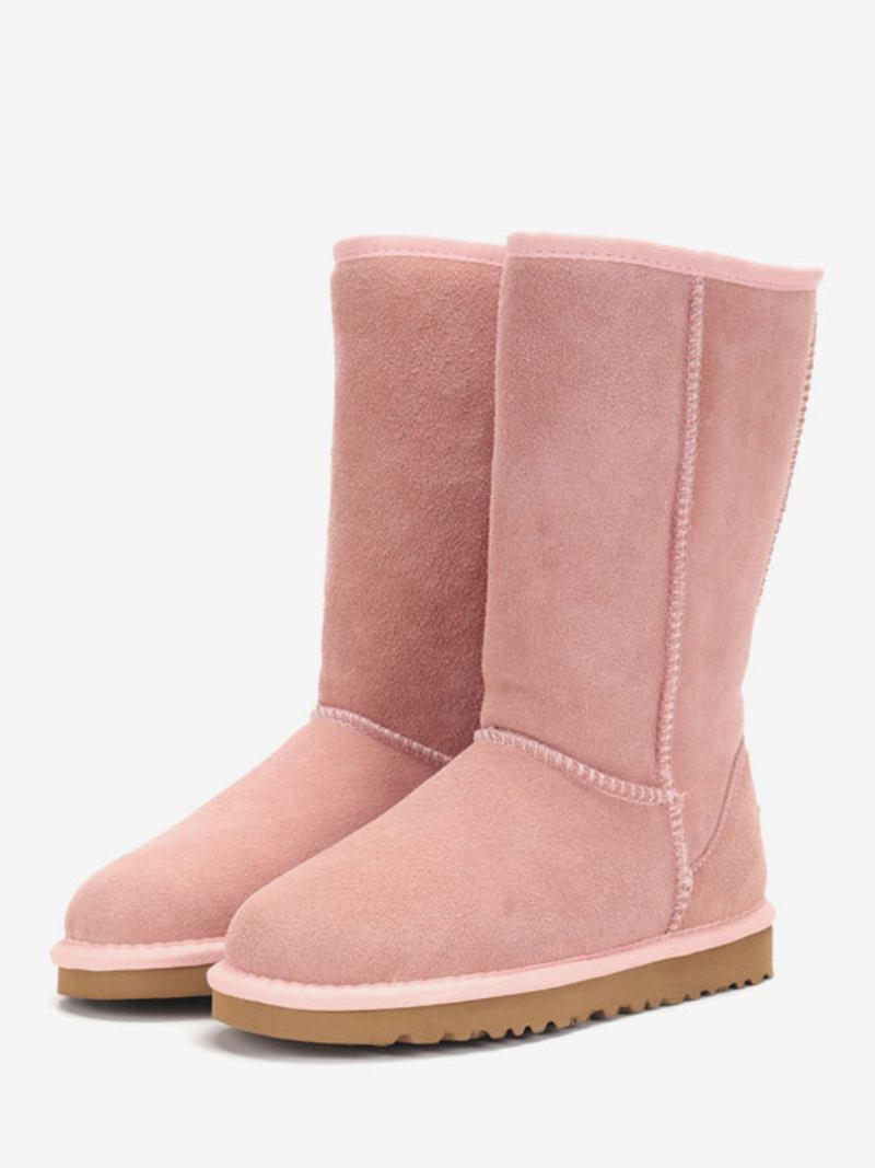 Botas Femininas Camurça Inverno Com Bico Redondo E Cano Médio Para Neve - Rosa