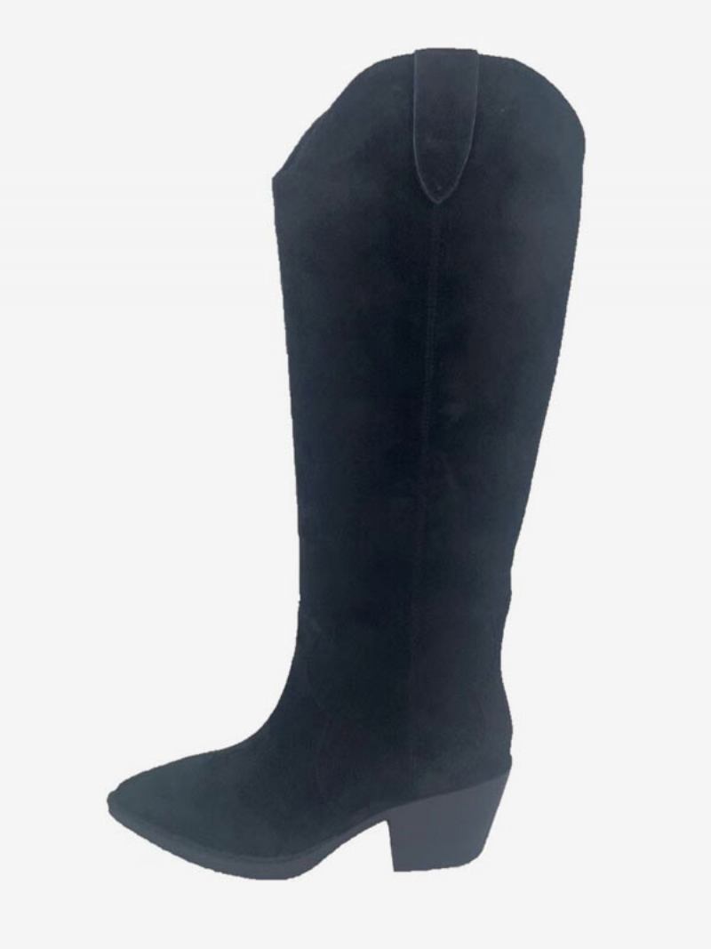 Botas Femininas Camurça Ocidental Com Salto Simples E Cano Alto - Preto