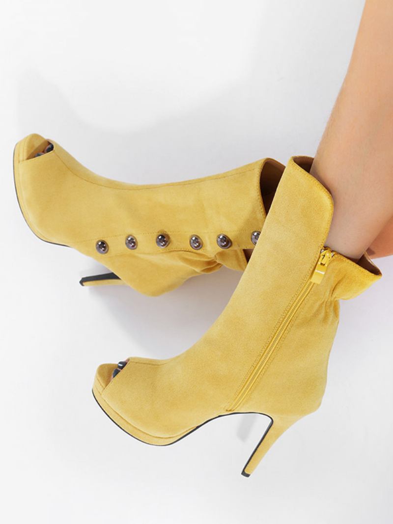 Botas Femininas Camurça Peep Toe Com Salto Agulha - Amarelo