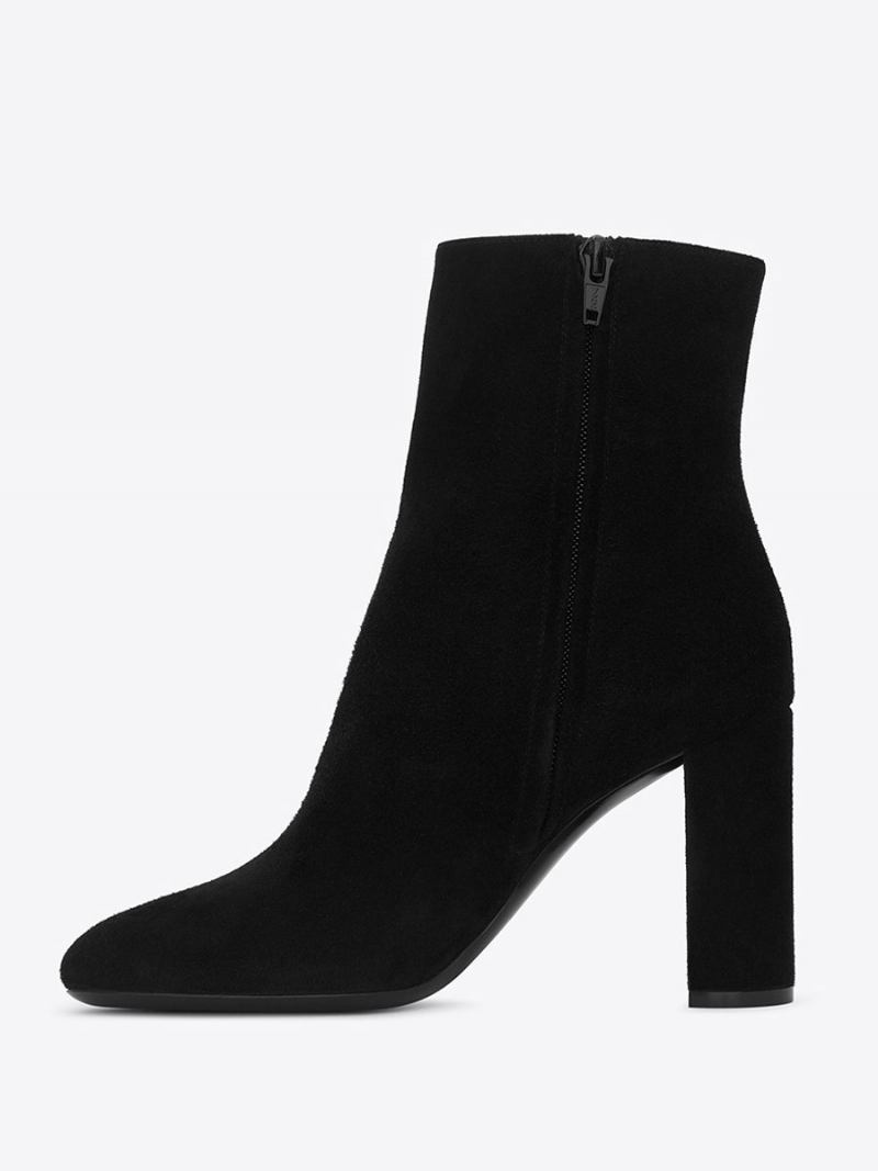 Botas Femininas Camurça Preta Com Salto Bloco E Bico Fino - Preto