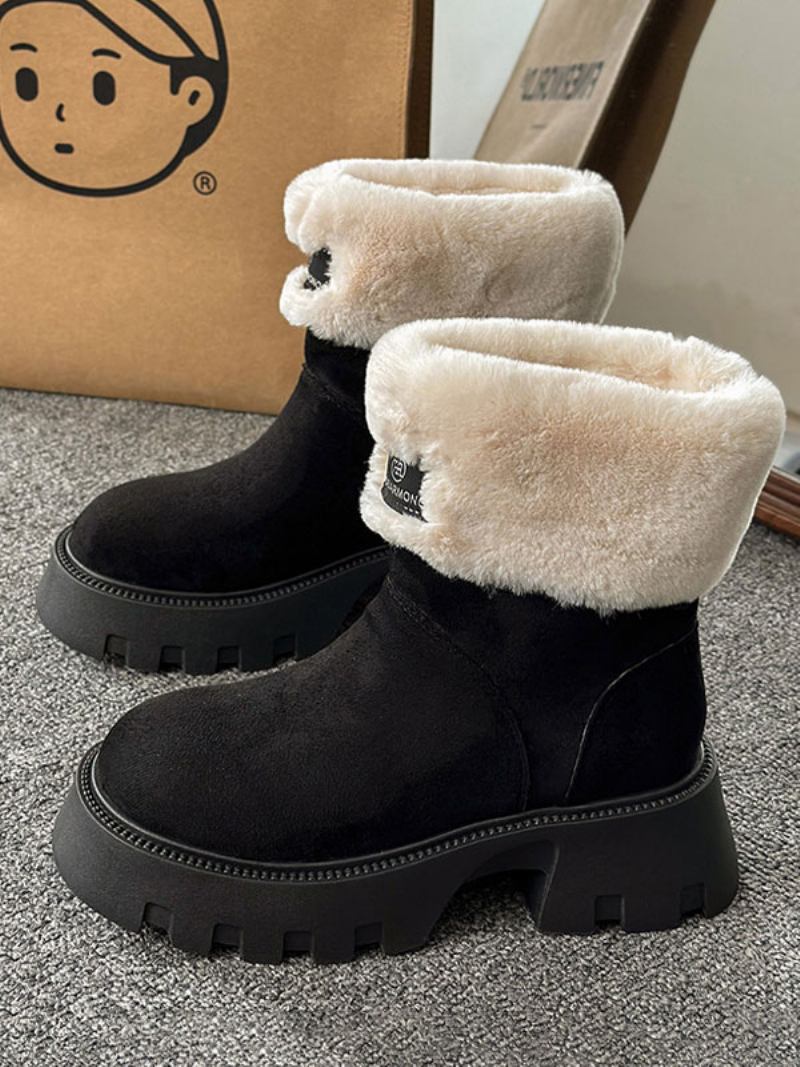 Botas Femininas Camurça Preta Para Inverno Bico Redondo Pelúcia Curta Salto Grosso Dedeil