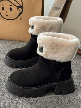 Botas Femininas Camurça Preta Para Inverno Bico Redondo Pelúcia Curta Salto Grosso Dedeil