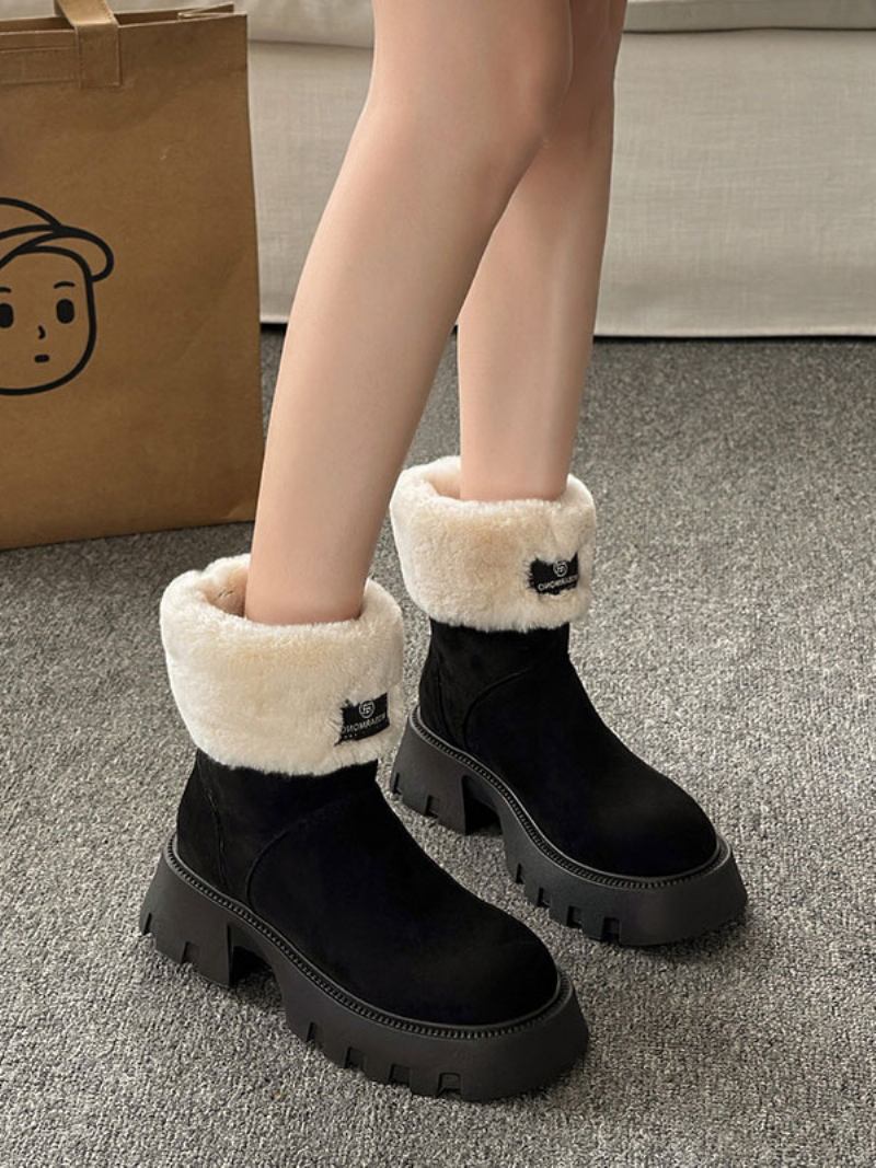 Botas Femininas Camurça Preta Para Inverno Bico Redondo Pelúcia Curta Salto Grosso Dedeil - Preto 