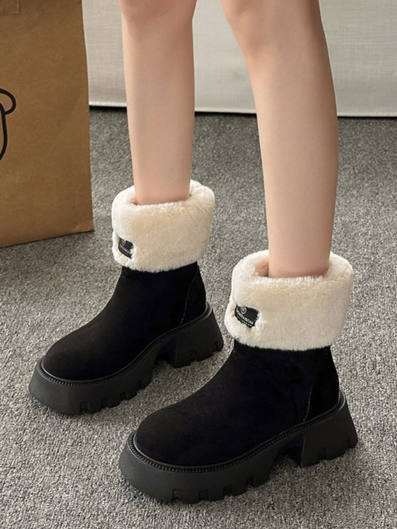 Botas Femininas Camurça Preta Para Inverno Bico Redondo Pelúcia Curta Salto Grosso Dedeil - Preto 