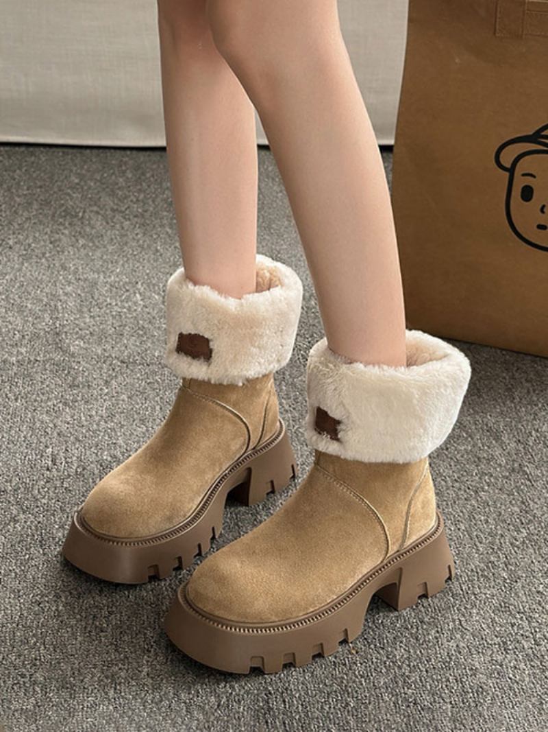 Botas Femininas Camurça Preta Para Inverno Bico Redondo Pelúcia Curta Salto Grosso Dedeil -  Cáqui