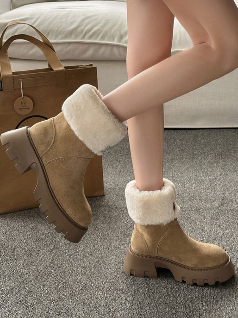 Botas Femininas Camurça Preta Para Inverno Bico Redondo Pelúcia Curta Salto Grosso Dedeil -  Cáqui