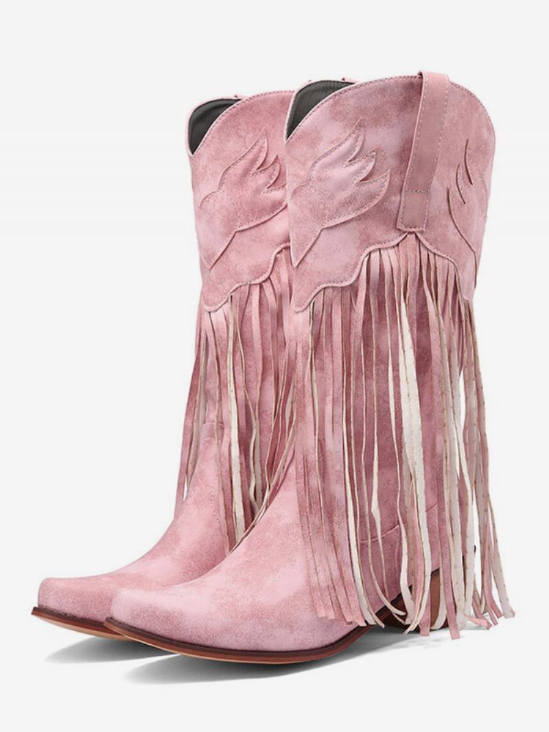 Botas Femininas Camurça Rosa Ocidental Com Bico Fino E Borla Cowgirl