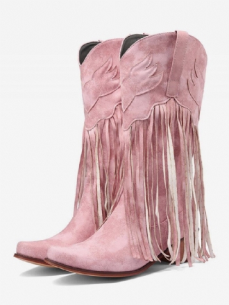 Botas Femininas Camurça Rosa Ocidental Com Bico Fino E Borla Cowgirl