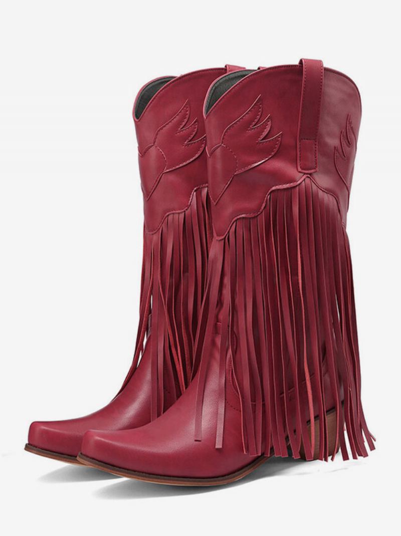 Botas Femininas Camurça Rosa Ocidental Com Bico Fino E Borla Cowgirl - Vermelho