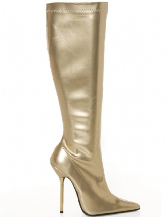 Botas Femininas Cano Alto Até O Joelho Com Salto 4 1/10 Polegadas Dourado Envernizado Em Couro Brilhante