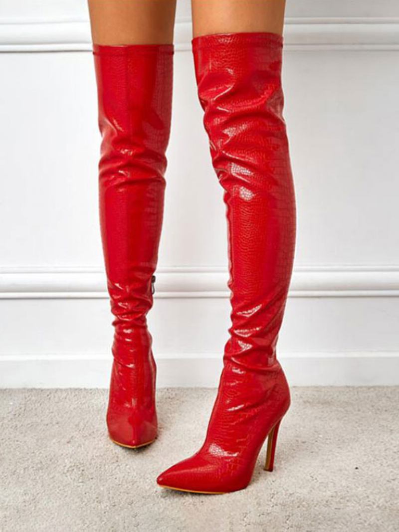 Botas Femininas Cano Alto Bico Fino Salto Agulha Couro Brilhante - Vermelho