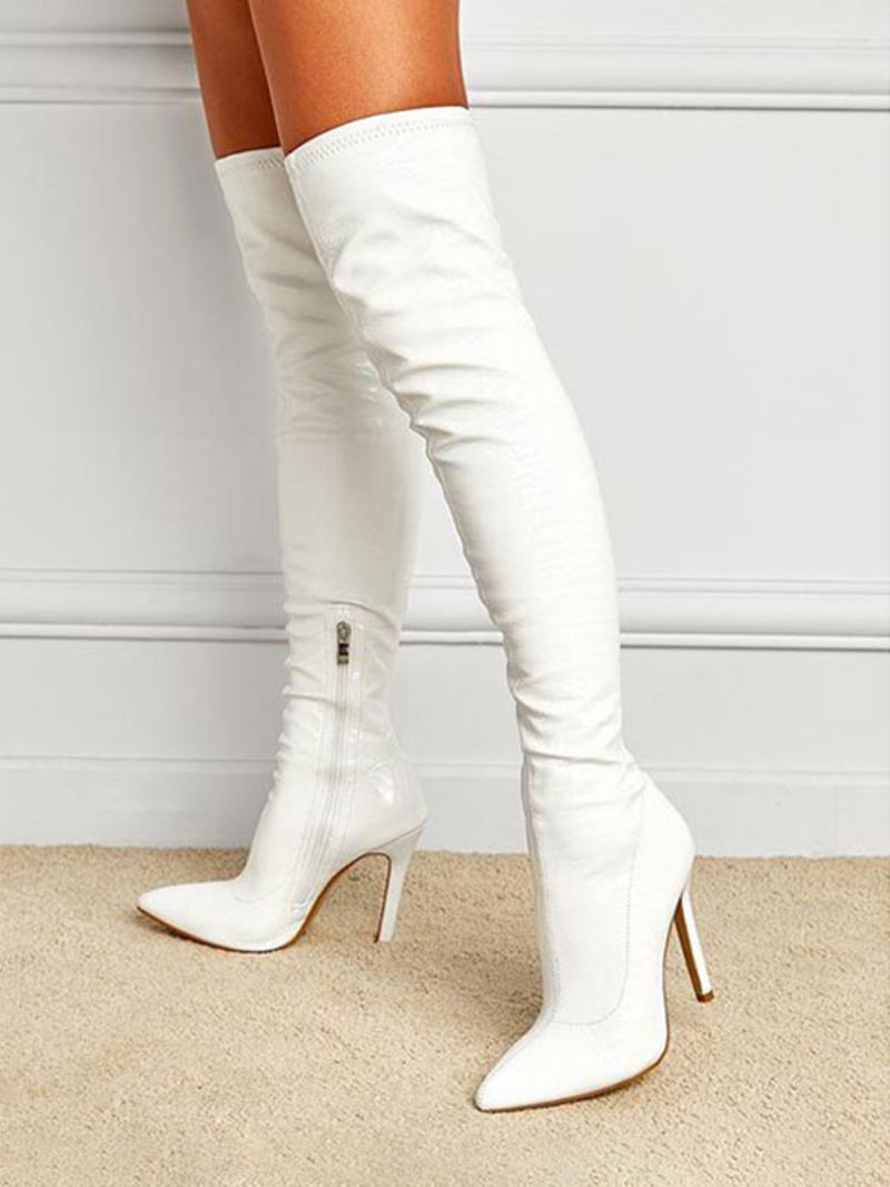 Botas Femininas Cano Alto Bico Fino Salto Agulha Couro Brilhante - Branco