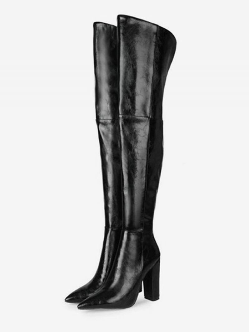 Botas Femininas Cano Alto Bico Ponteagudo Preto Couro Pu Salto Grosso