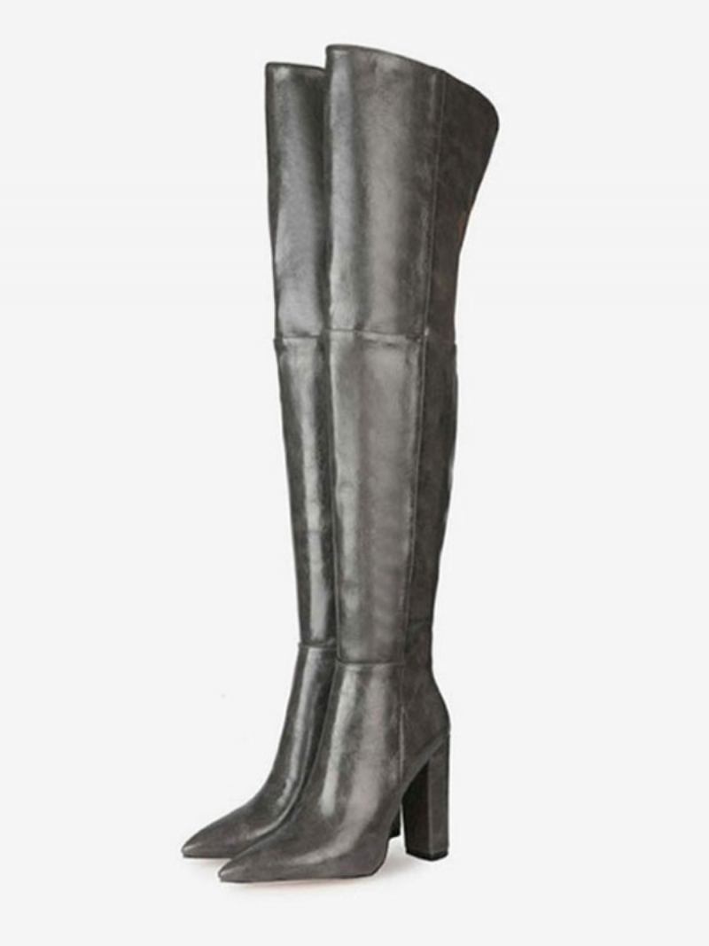 Botas Femininas Cano Alto Bico Ponteagudo Preto Couro Pu Salto Grosso - Cinza