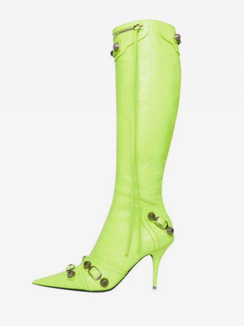 Botas Femininas Cano Alto Clássico Bico Fino Estilete Com Salto E Fivela Vintage - Verde Claro