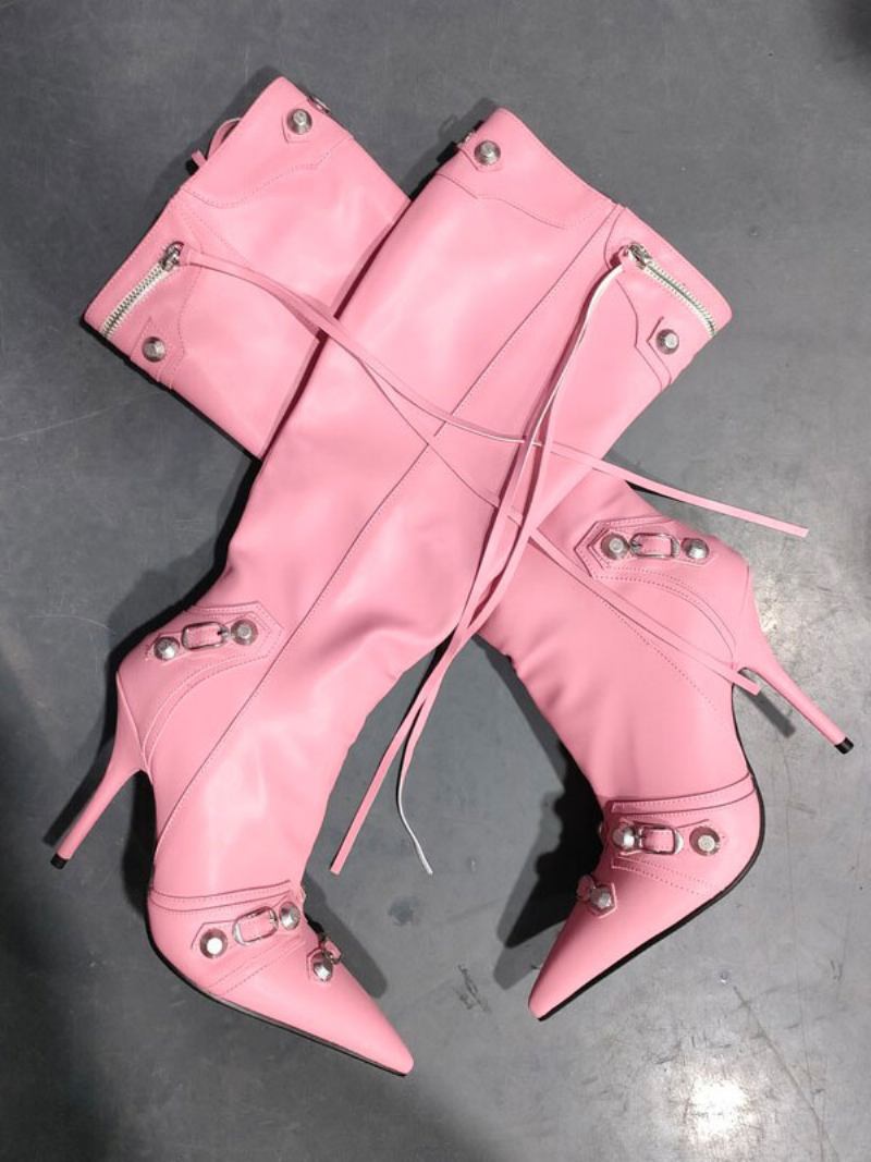 Botas Femininas Cano Alto Clássico Bico Fino Estilete Com Salto E Fivela Vintage - Rosa