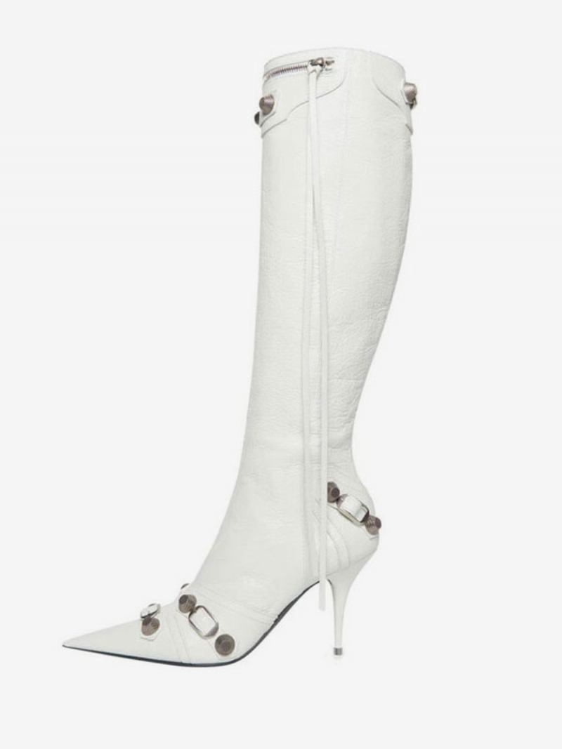 Botas Femininas Cano Alto Clássico Bico Fino Estilete Com Salto E Fivela Vintage - Branco