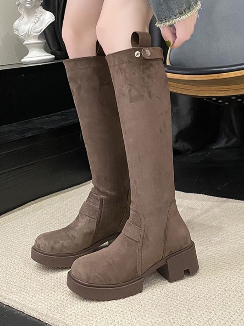 Botas Femininas Cano Alto Coffe Brown Com Salto Grosso Na Altura Do Joelho