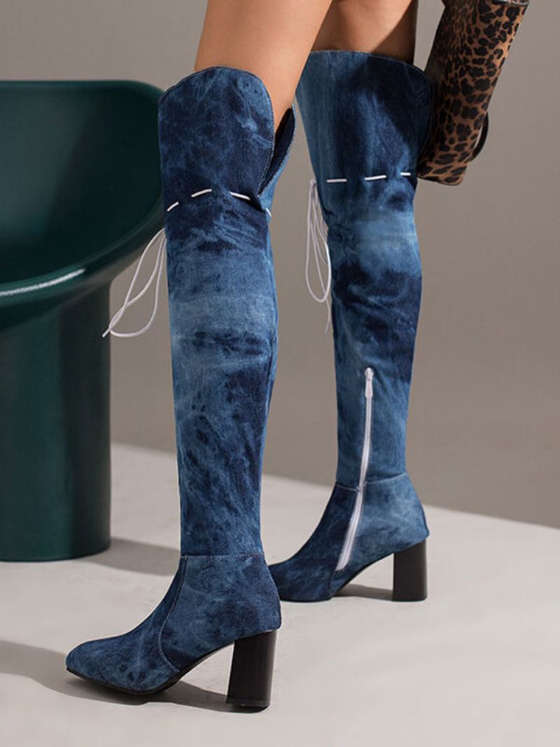 Botas Femininas Cano Alto Com Bico Fino E Salto Acima Do Joelho -  Azul Profundo 