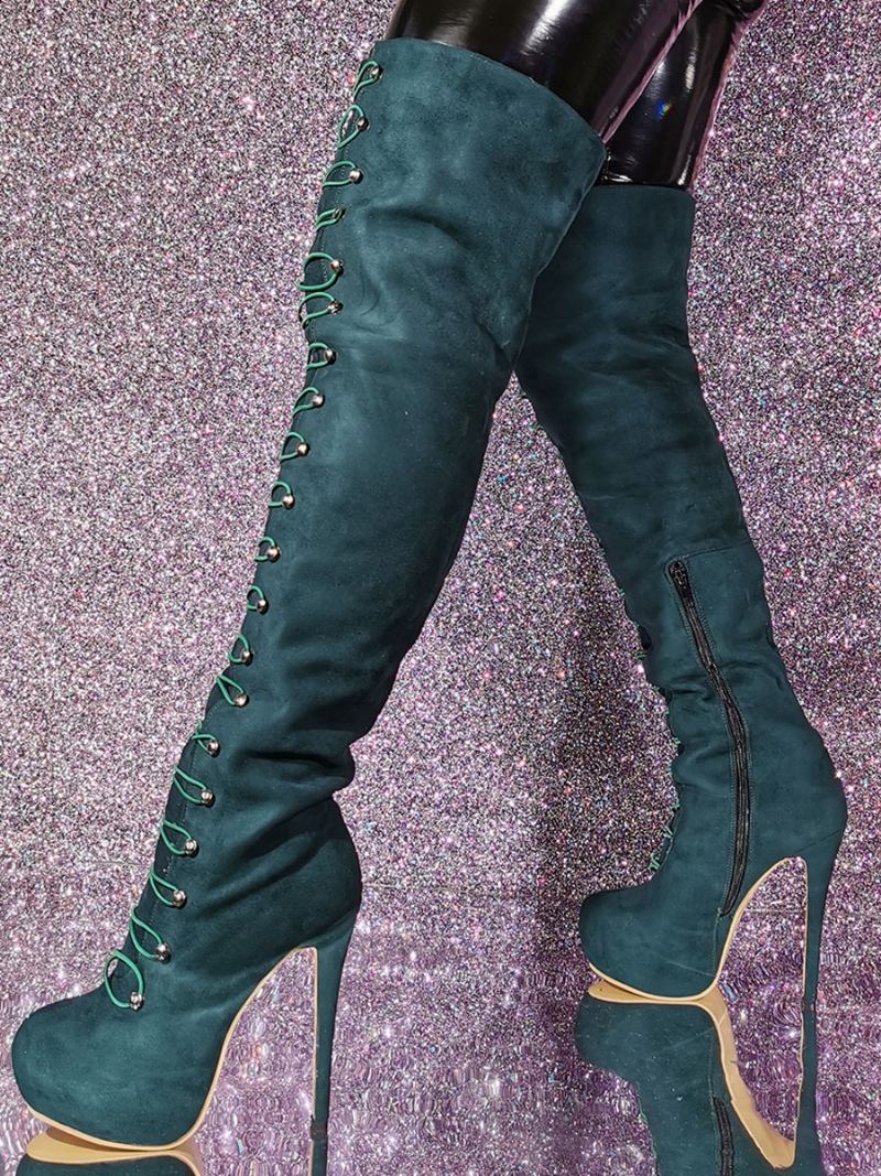 Botas Femininas Cano Alto Com Bico Redondo E Salto Agulha Micro Camurça - Verde Escuro