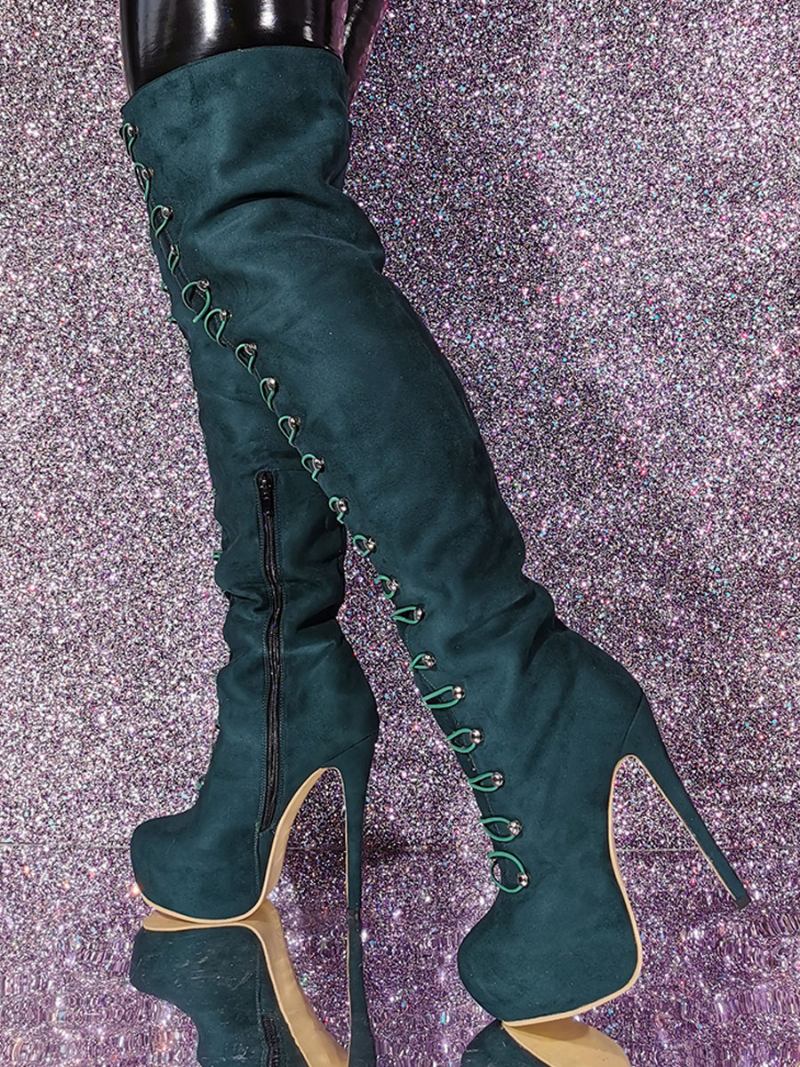 Botas Femininas Cano Alto Com Bico Redondo E Salto Agulha Micro Camurça - Verde Escuro