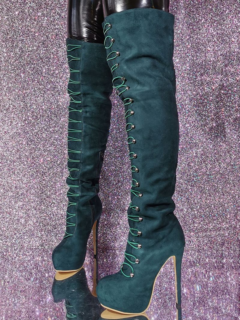 Botas Femininas Cano Alto Com Bico Redondo E Salto Agulha Micro Camurça - Verde Escuro