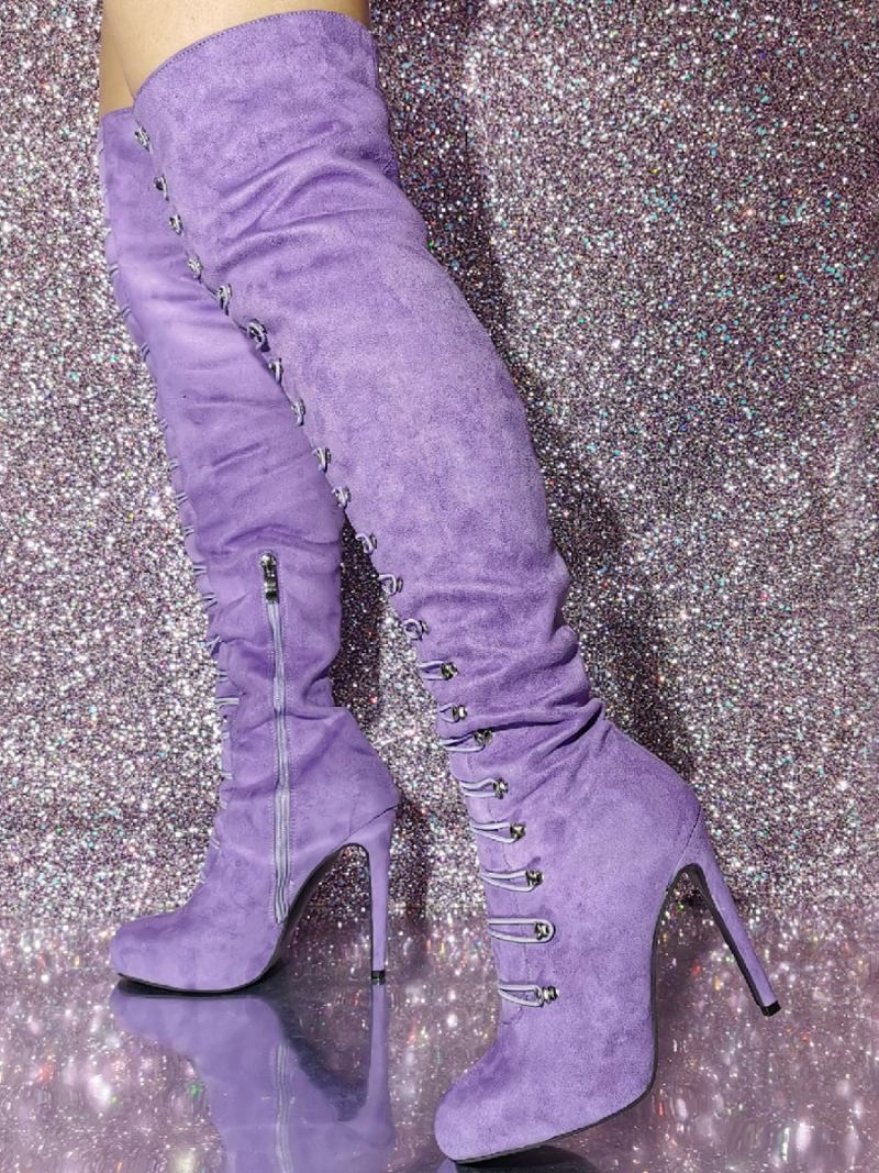 Botas Femininas Cano Alto Com Bico Redondo E Salto Agulha Micro Camurça - Lavanda