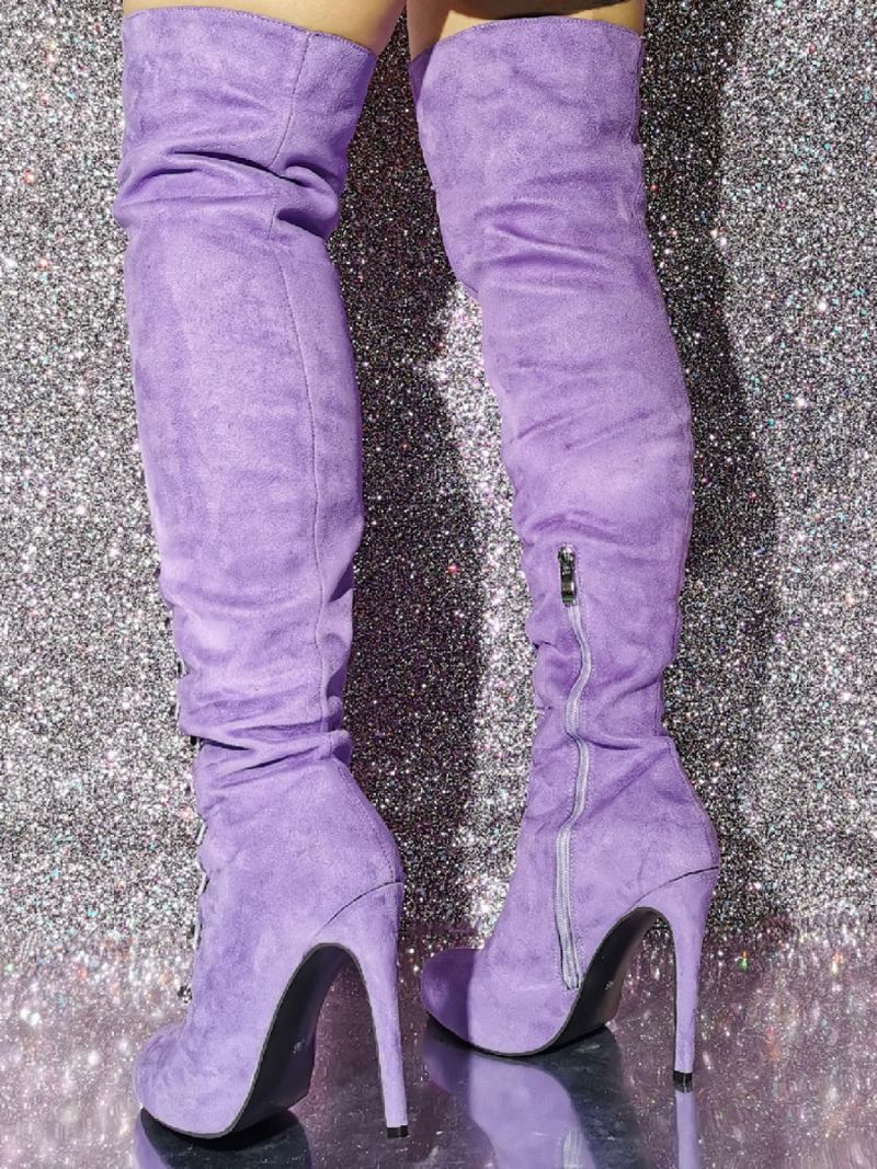 Botas Femininas Cano Alto Com Bico Redondo E Salto Agulha Micro Camurça - Lavanda