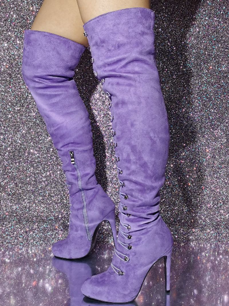 Botas Femininas Cano Alto Com Bico Redondo E Salto Agulha Micro Camurça - Lavanda