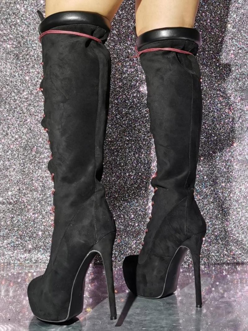 Botas Femininas Cano Alto Com Cadarço E Camurça Sexy - Preto