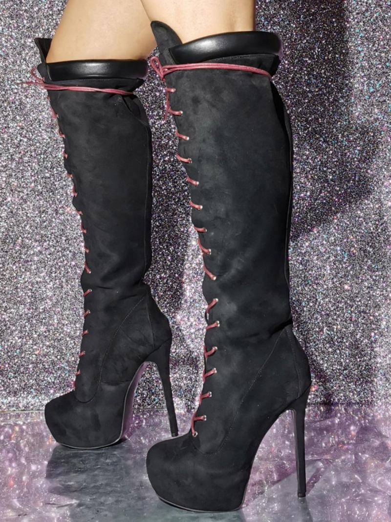 Botas Femininas Cano Alto Com Cadarço E Camurça Sexy - Preto