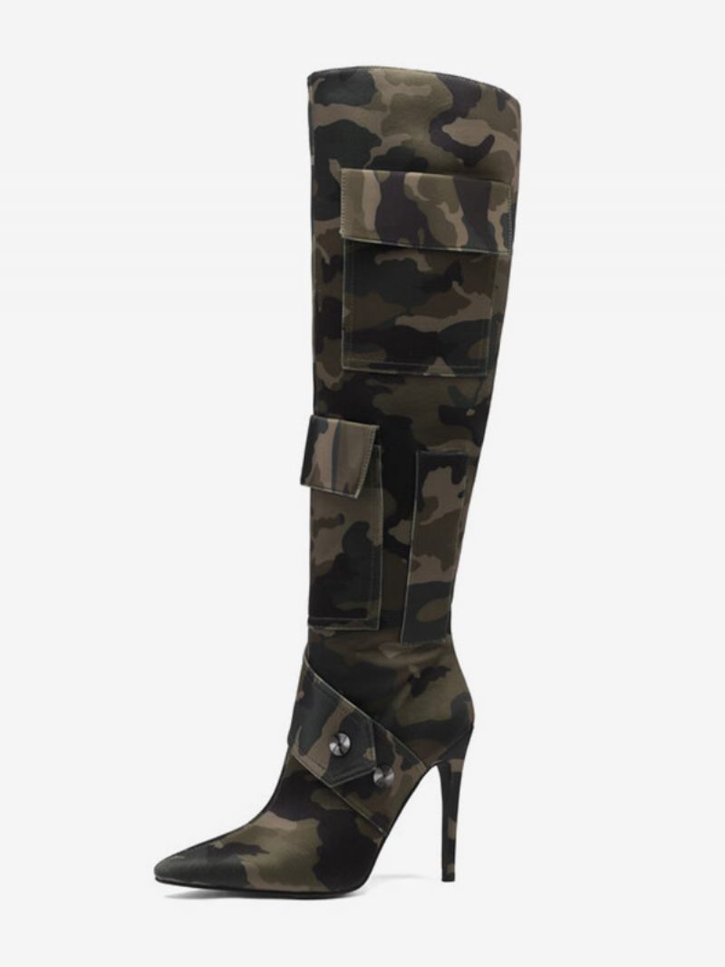 Botas Femininas Cano Alto Com Estampa Camuflada E Detalhes Rebites Bolso Salto