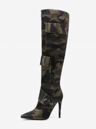 Botas Femininas Cano Alto Com Estampa Camuflada E Detalhes Rebites Bolso Salto