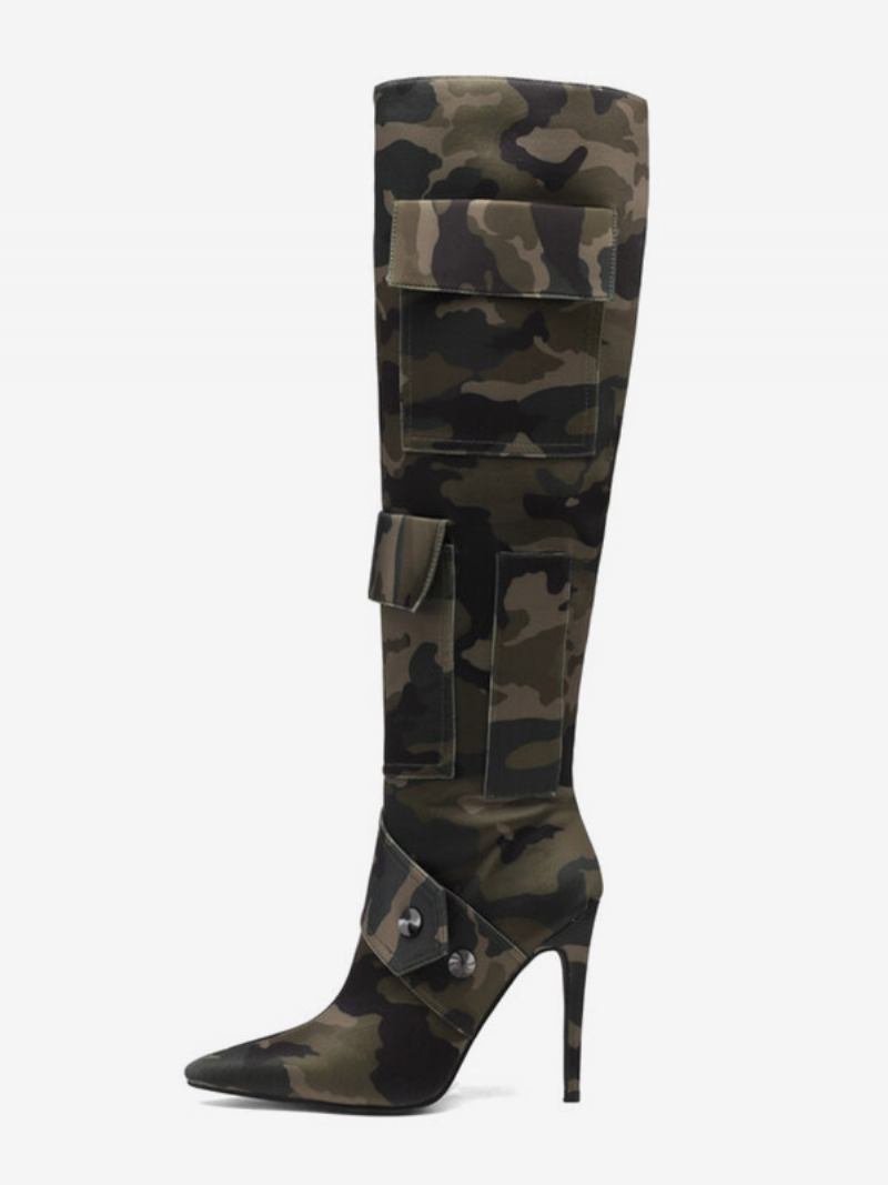 Botas Femininas Cano Alto Com Estampa Camuflada E Detalhes Rebites Bolso Salto - Caçador Verde