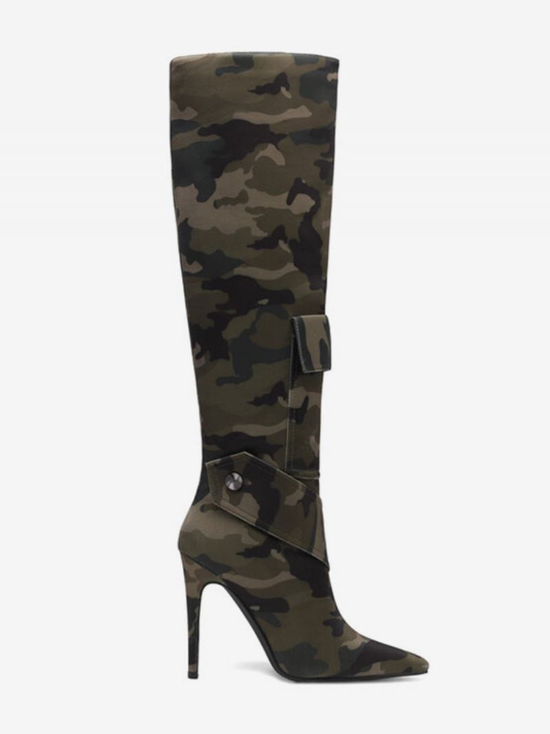 Botas Femininas Cano Alto Com Estampa Camuflada E Detalhes Rebites Bolso Salto - Caçador Verde